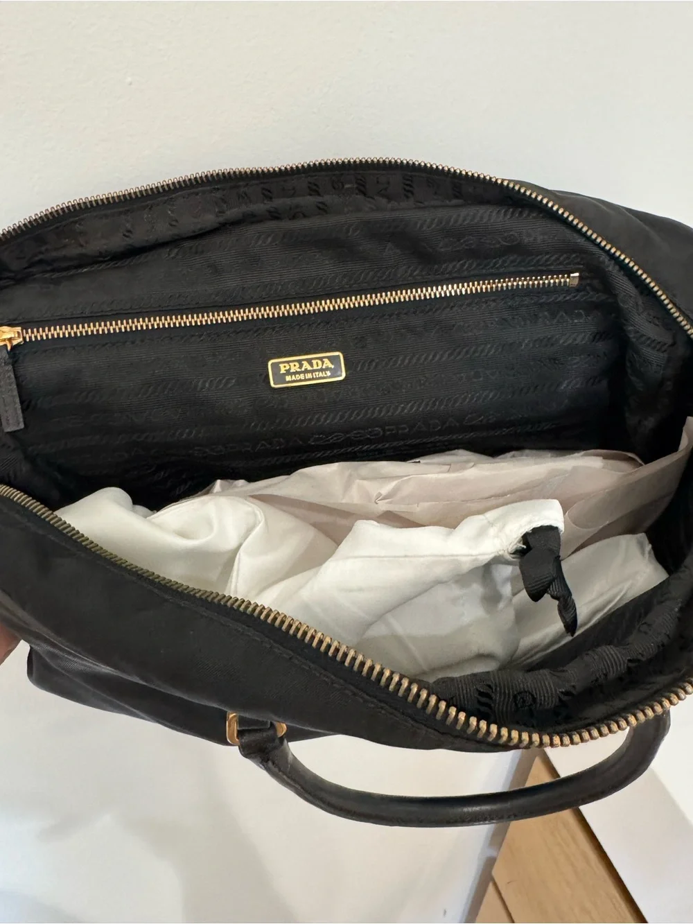 Prada Black Nylon Duffel with Leather Handles and Gold Hardware